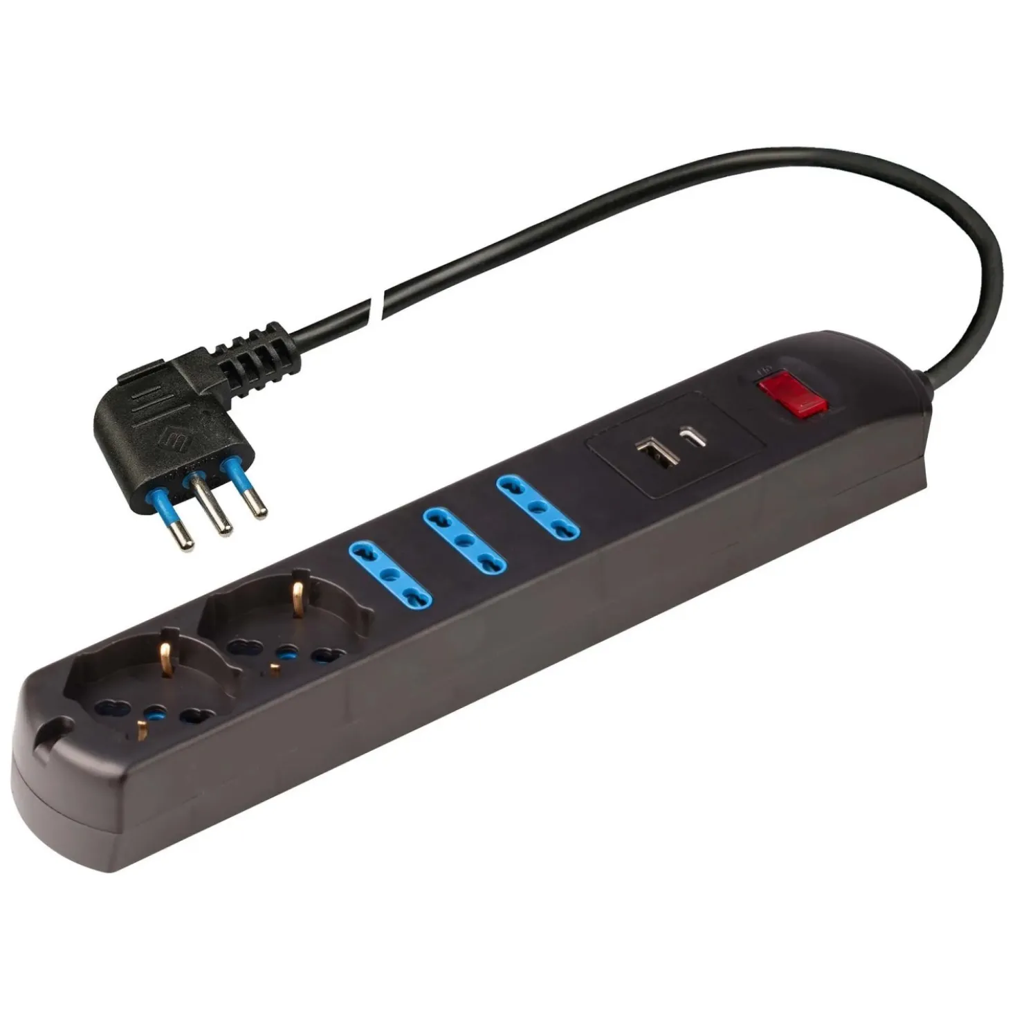 Presa quintupla con interruttore di sicurezza e USB nero