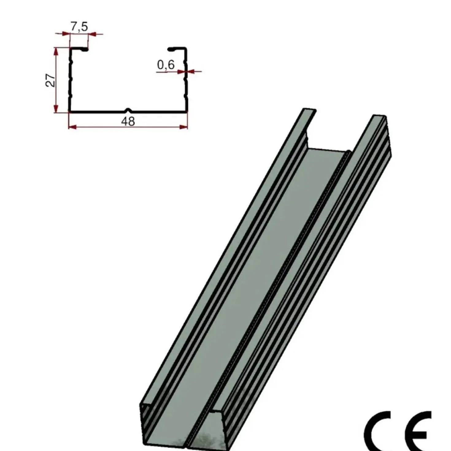 Profilo montante a C in acciaio zincato 50/27 sp 6/10 L 3 m grigio