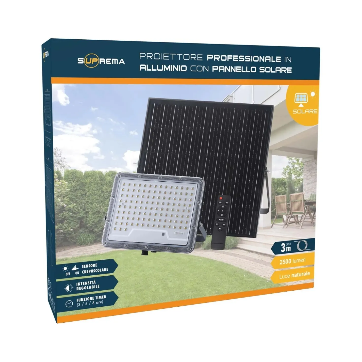 Proiettore LED solare in alluminio con pannello solare separato 2500 lm