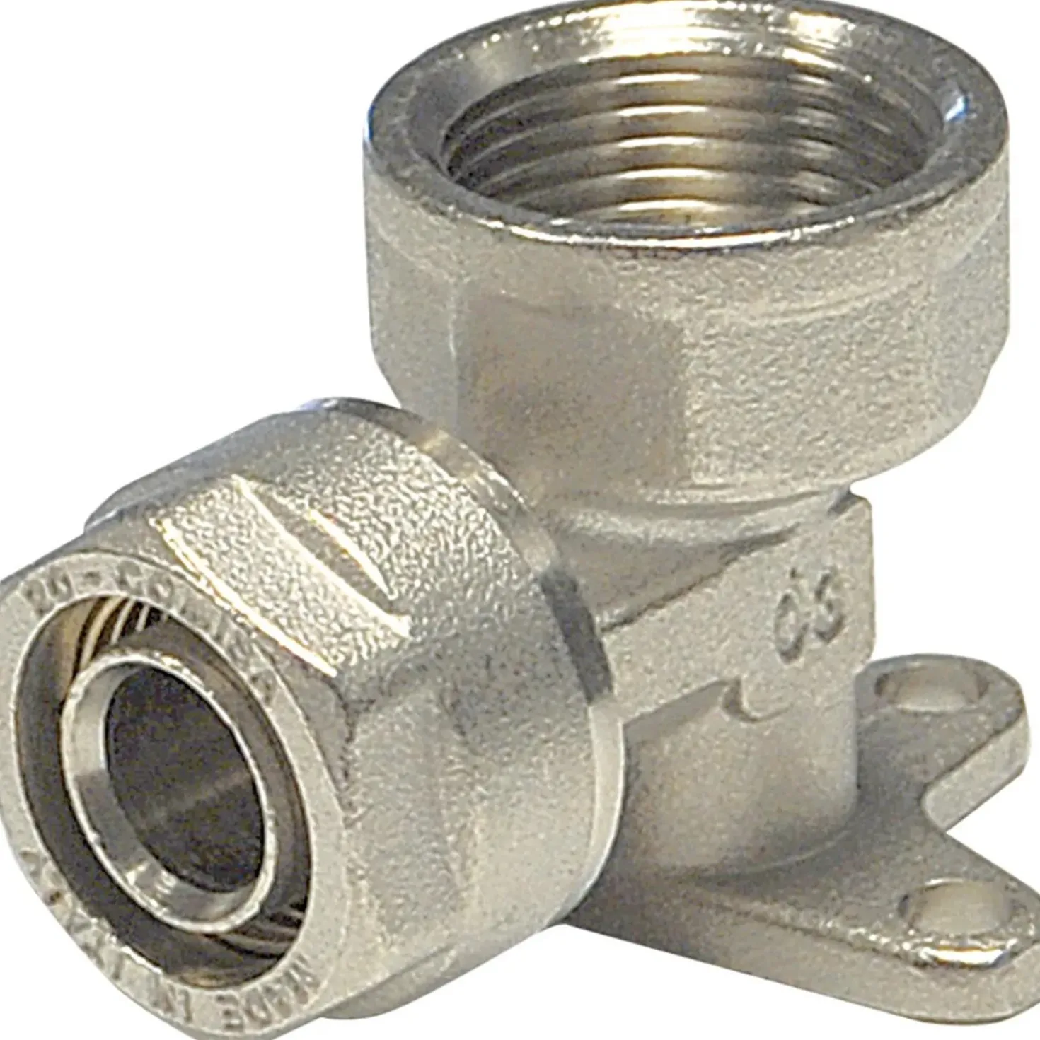 Raccordo multistrato a gomito femmina con staffa Ø 1/2 x 16 mm