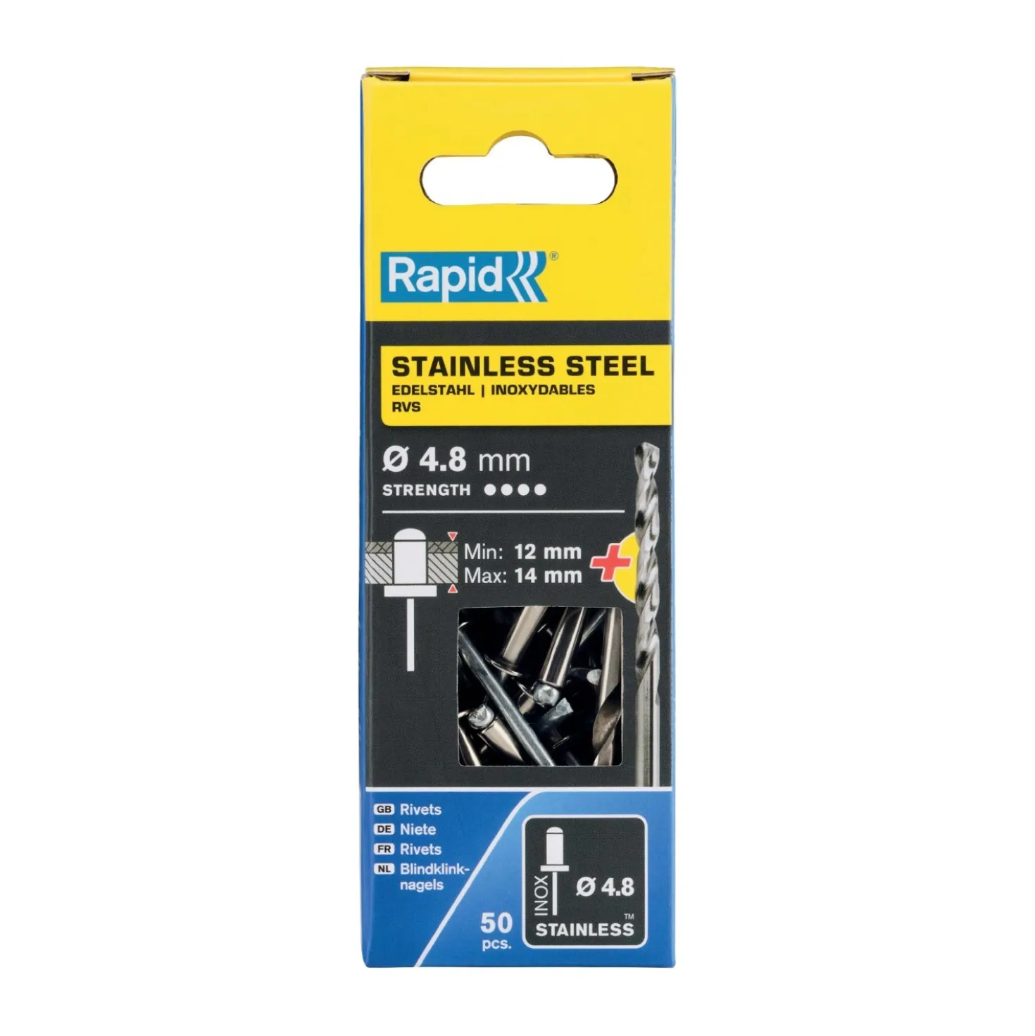 Rivetti Rapid Acciaio INOX Ø4.8 x 18 mm Conf. da 50 Pezzi e Punta Trapano incl