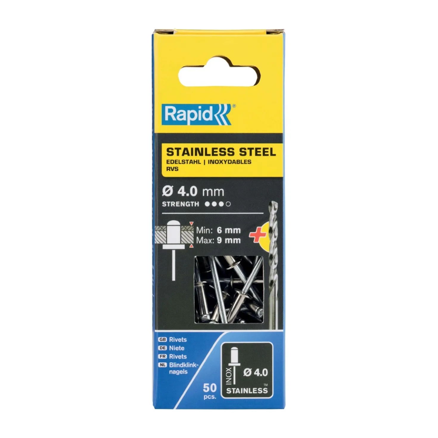 Rivetti Rapid Acciaio INOX Ø4.0 x 12 mm Conf. da 50 Pezzi e Punta Trapano incl