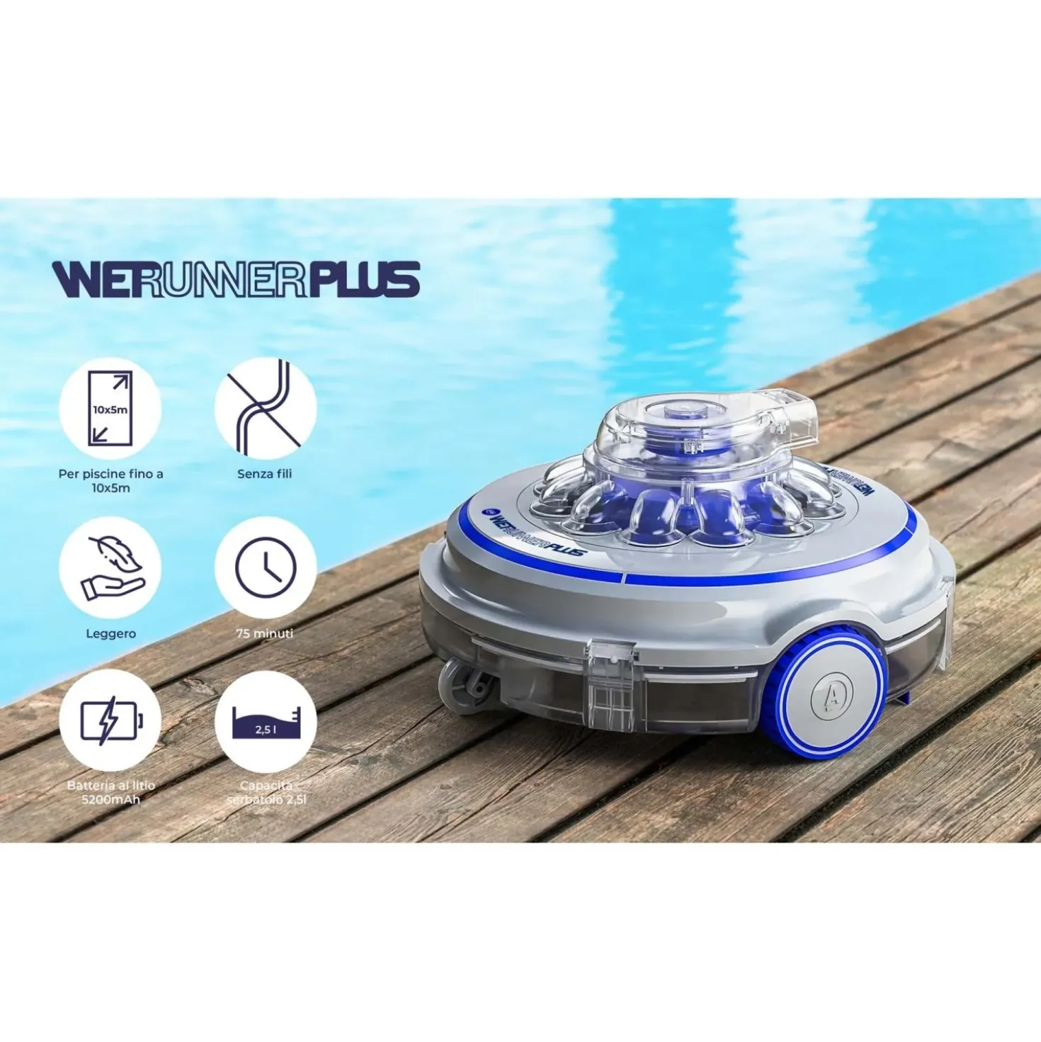Robot a batteria per piscina Gre Wet Runner Plus filtro 4 l 27 W