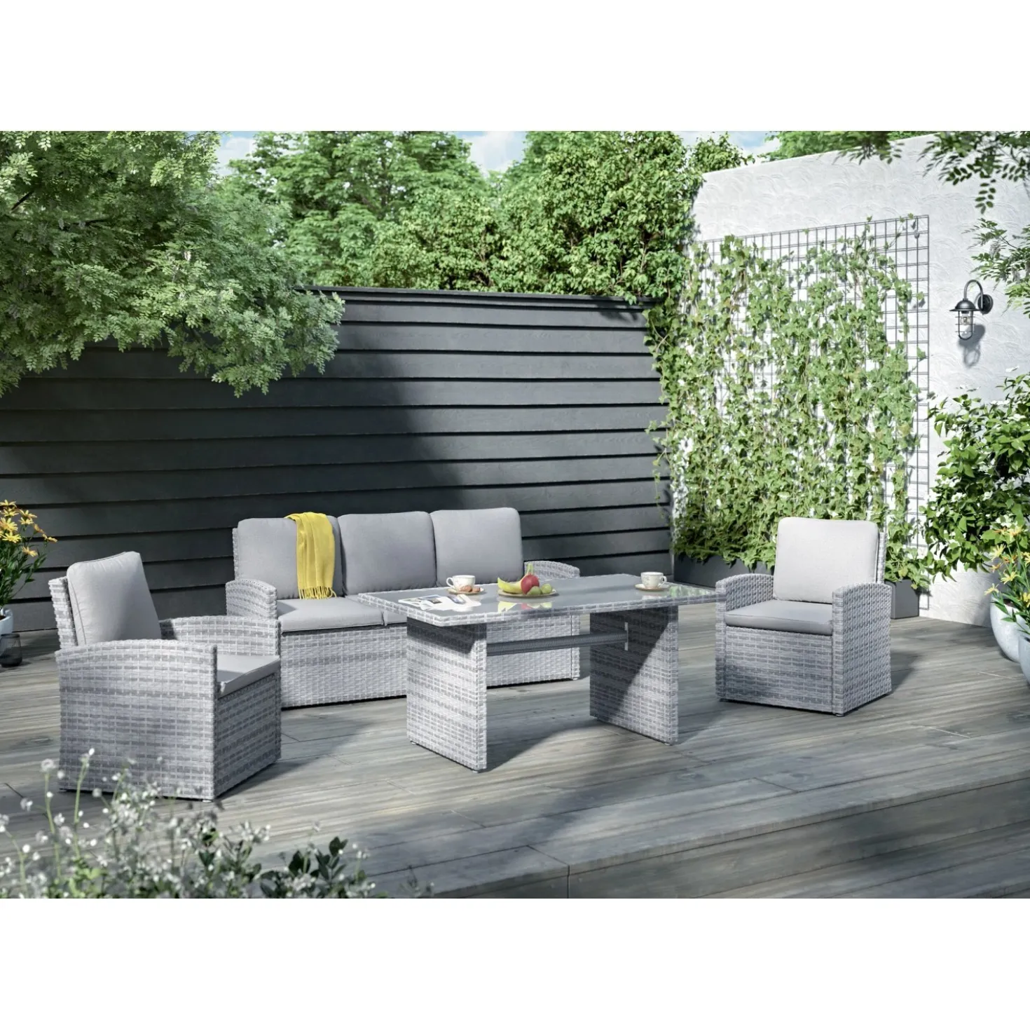 Salotto da giardino Harrold in acciaio e rattan grigio 5 posti