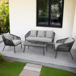 Salotto da giardino in alluminio e corda antracite 5 posti