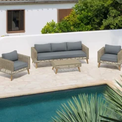 Salotto da giardino in rattan e legno grigio 5 posti