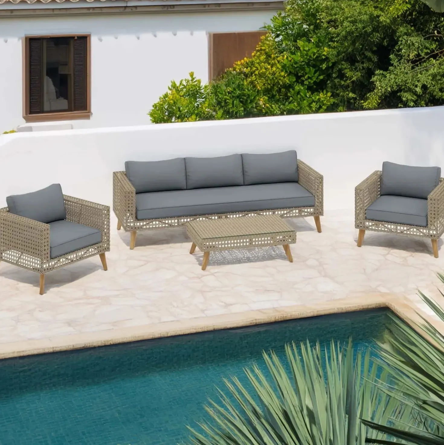 Salotto da giardino in rattan e legno grigio 5 posti