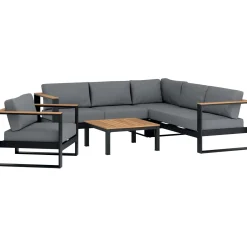 Salotto da giardino Walmsley in legno e alluminio nero-grigio 6 posti