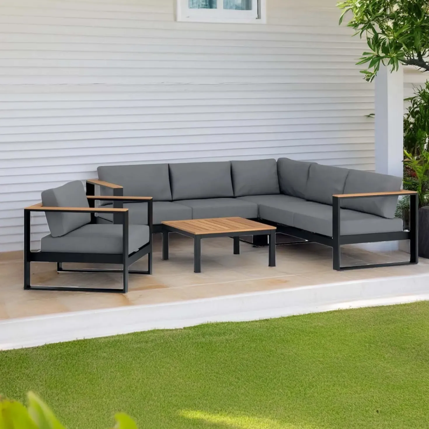 Salotto da giardino Walmsley in legno e alluminio nero-grigio 6 posti