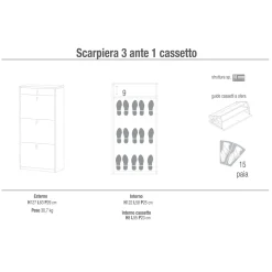 Scarpiera in kit Sarmog 3 ante 1 cassetto 127x63x29 cm 15 paia bianco