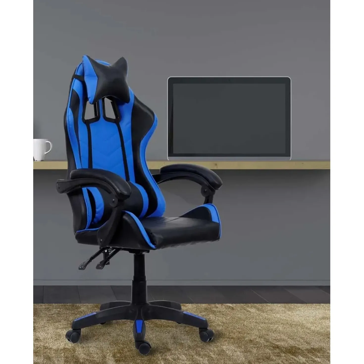 Sedia Gaming ergonomica in similpelle 65x63 H 115/125 cm blu e nero