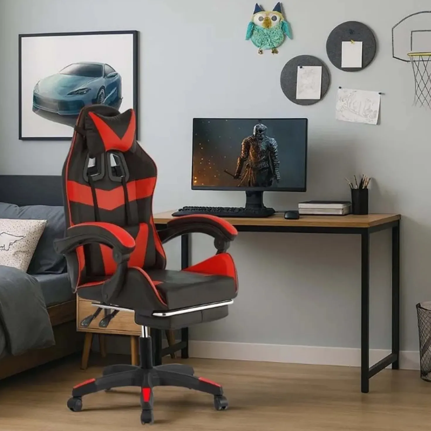 Sedia gaming reclinabile con poggiapiedi e supporto lombare nero/rosso