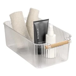 Set 3 contenitori bagno in PET Nantes con manico in legno FSC