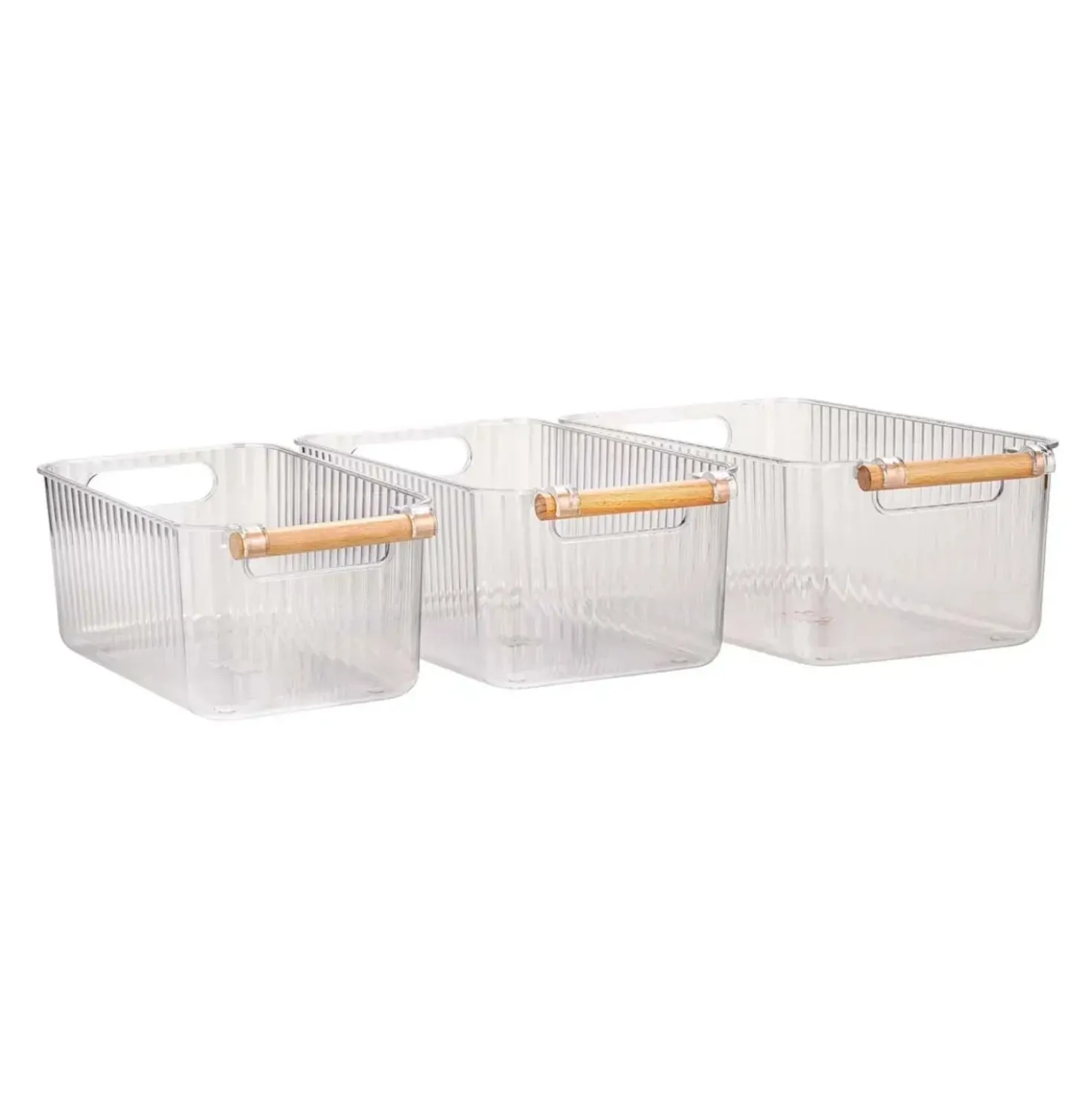 Set 3 contenitori bagno in PET Nantes con manico in legno FSC