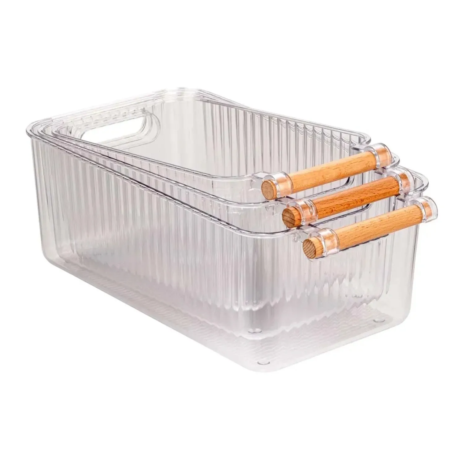 Set 3 contenitori bagno in PET Nantes con manico in legno FSC