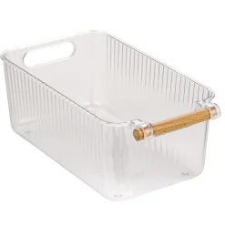 Set 3 contenitori bagno in PET Nantes con manico in legno FSC