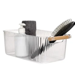 Set 3 contenitori bagno in PET Nantes con manico in legno FSC