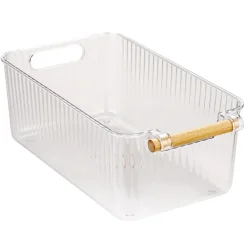 Set 3 contenitori bagno in PET Nantes con manico in legno FSC