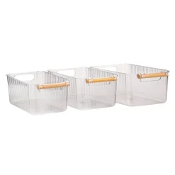Set 3 contenitori bagno in PET Nantes con manico in legno FSC