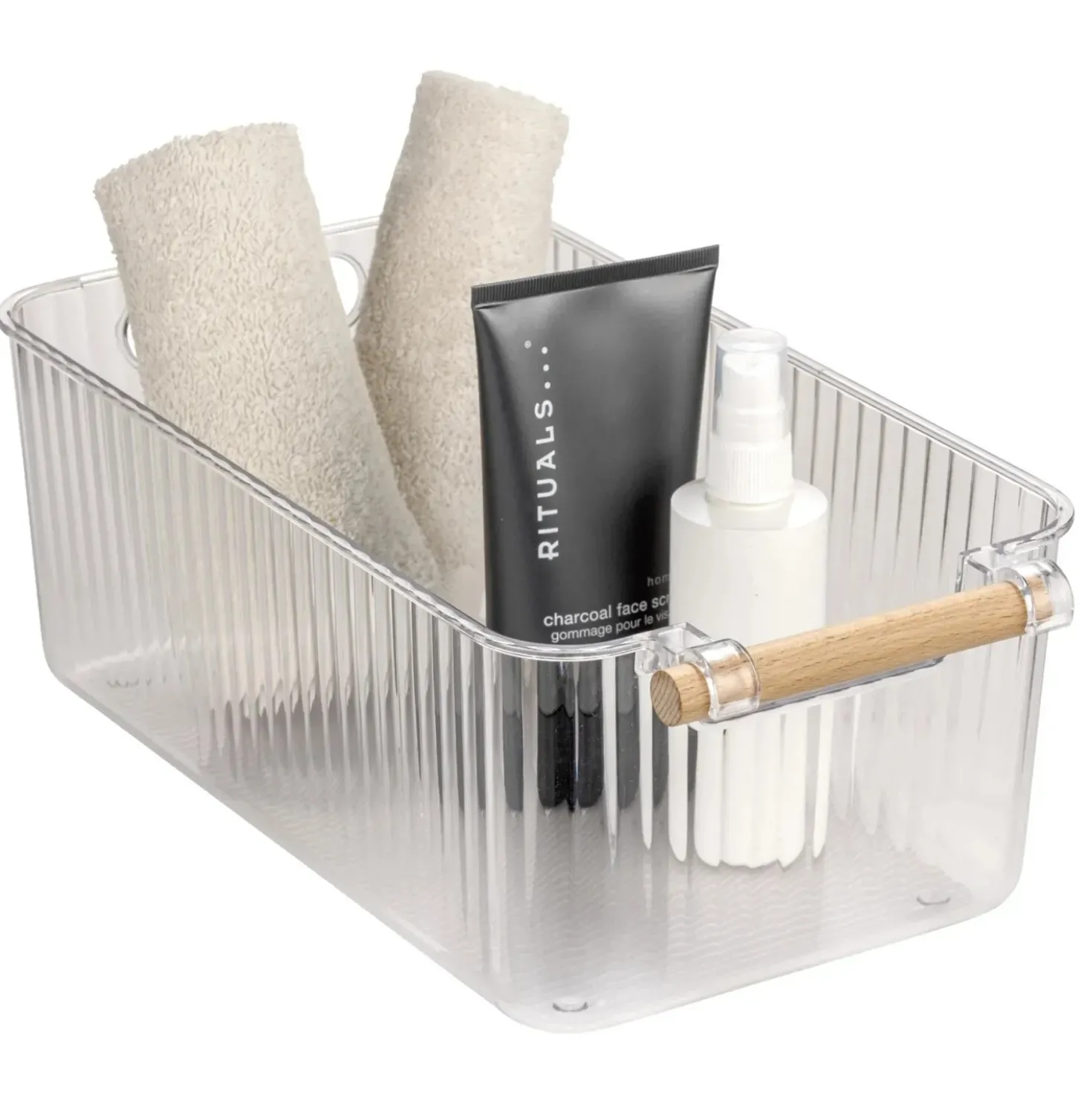 Set 3 contenitori bagno in PET Nantes con manico in legno FSC
