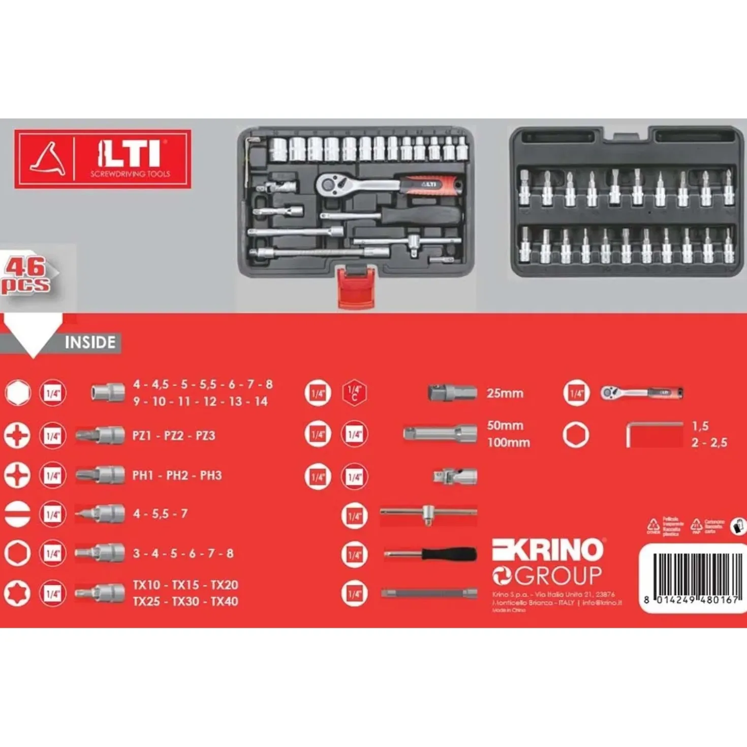 Set chiavi a bussola e inserti 1/4" lti 46 pz