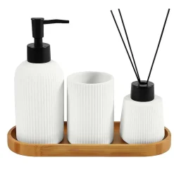 Set da appoggio in ceramica Riga con vassoio bambù bianco vaniglia
