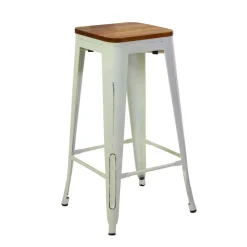 Sgabello in ferro New Bristol bianco antico seduta in legno 42x42x76 cm