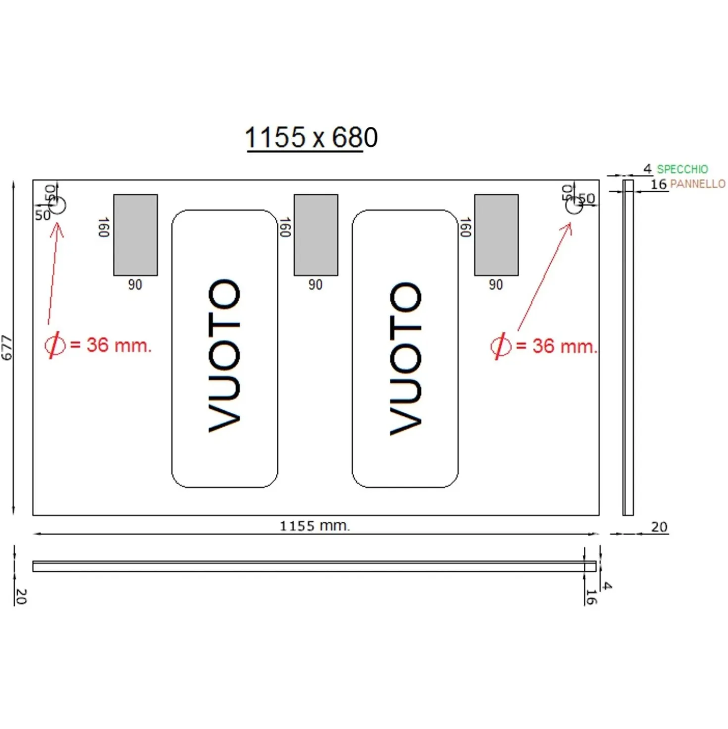 Specchio bagno con fissaggio a parete 115x68 cm