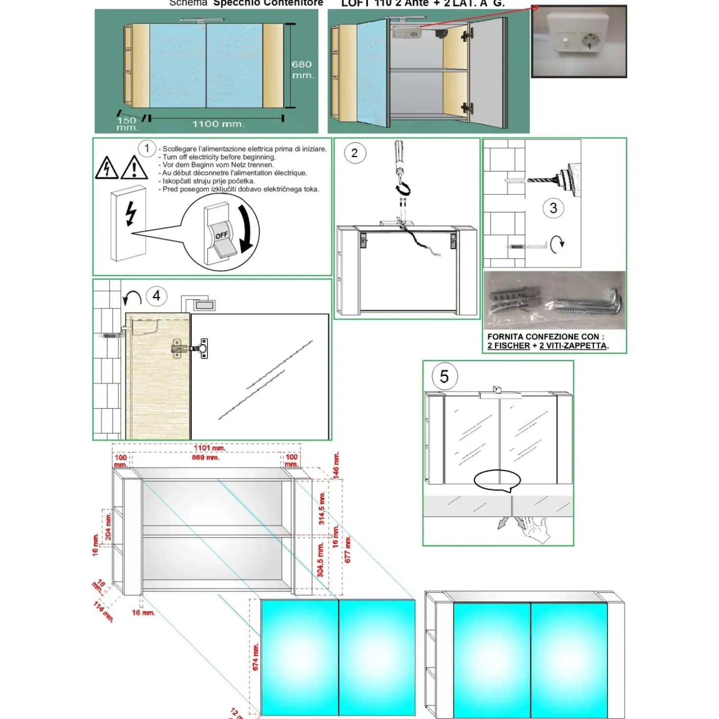 Specchio contenitore bagno a 2 ante con mensole bilaterali 680x1100x150 cm olmo