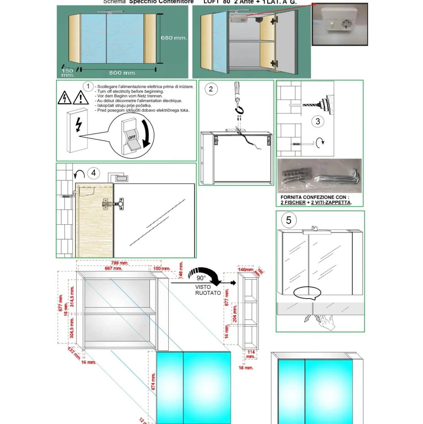 Specchio contenitore bagno a 2 ante e mensole unilaterali 680x800x150 cm olmo sc