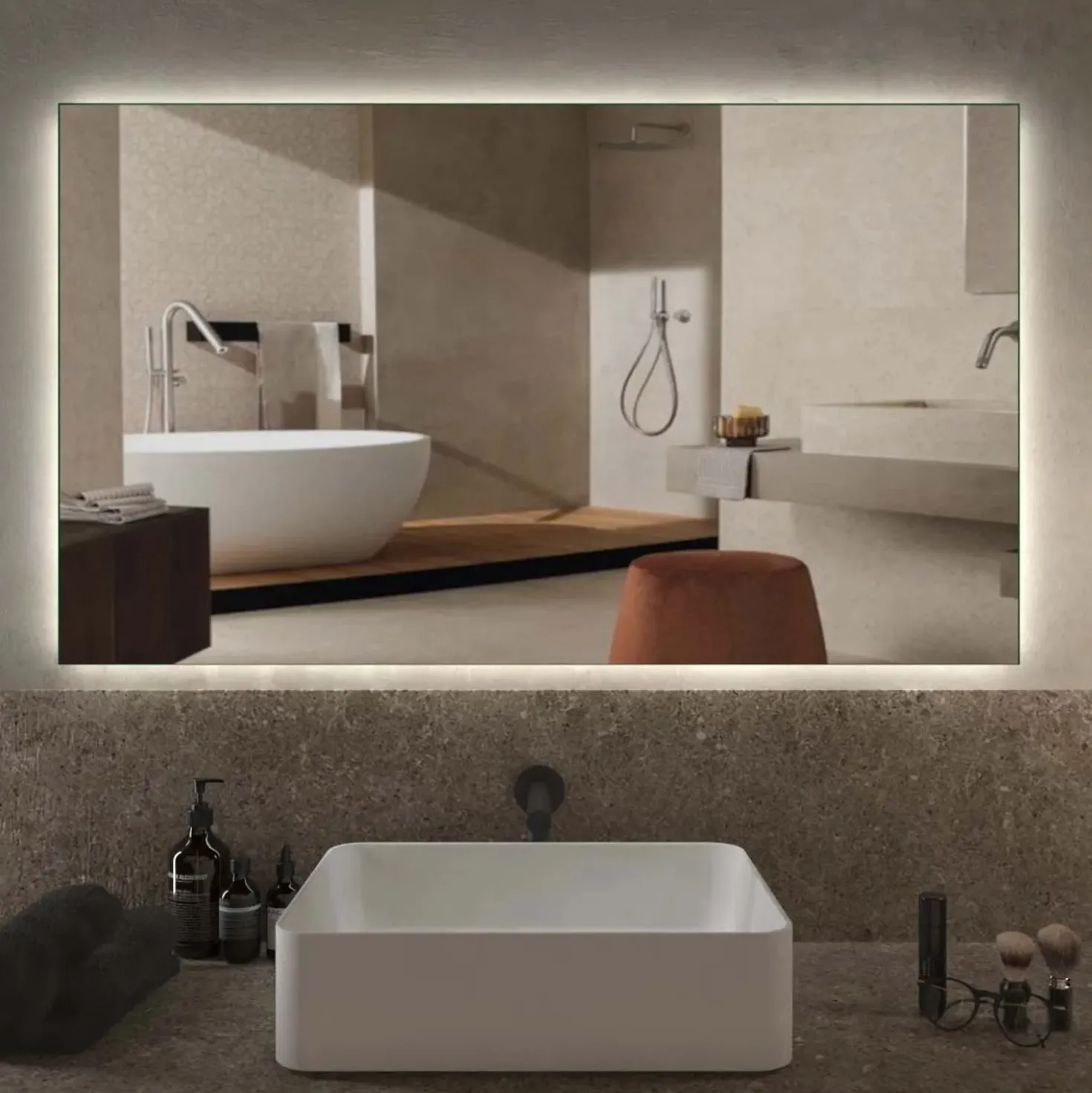 Specchio da bagno con illuminazione integrata rettangolare 120x70x2.5 cm