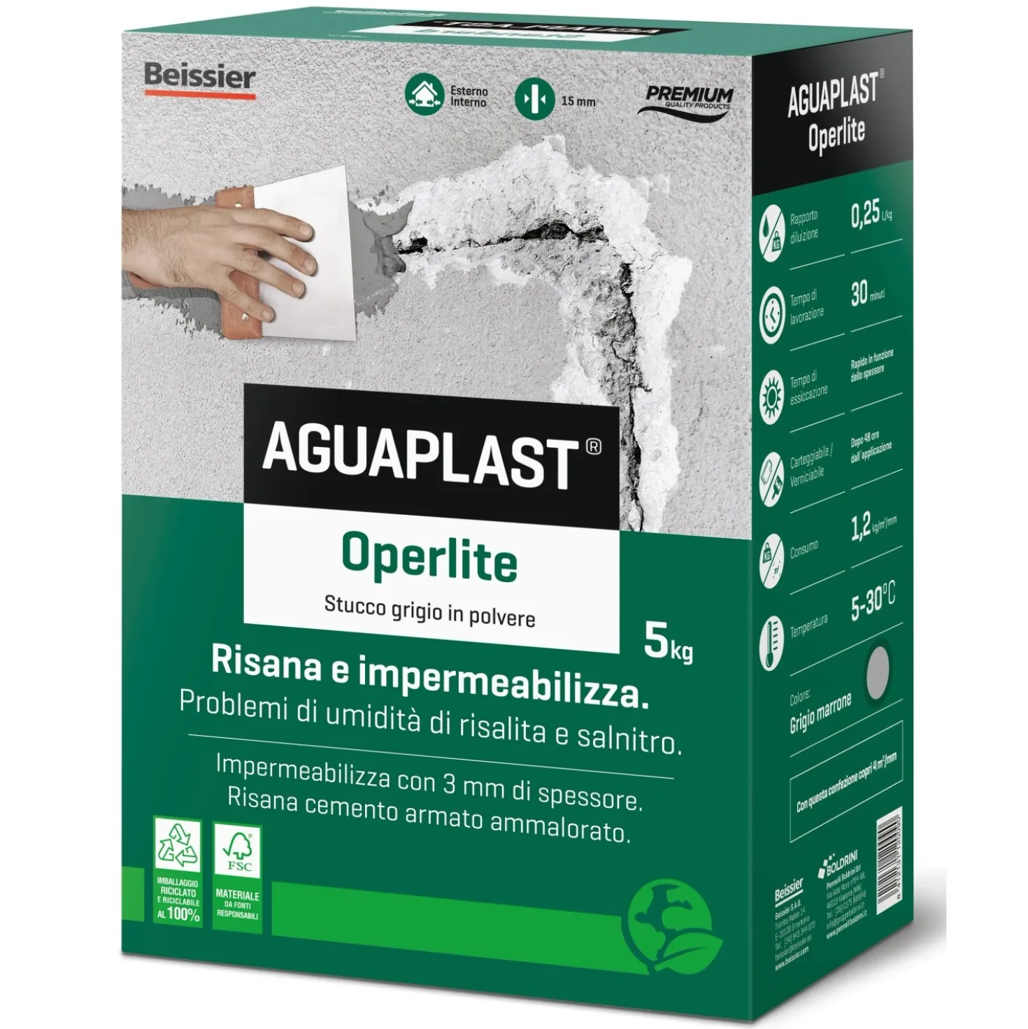 Stucco in polvere Aguaplast Operlite impermeabile risanante 5 kg grigio