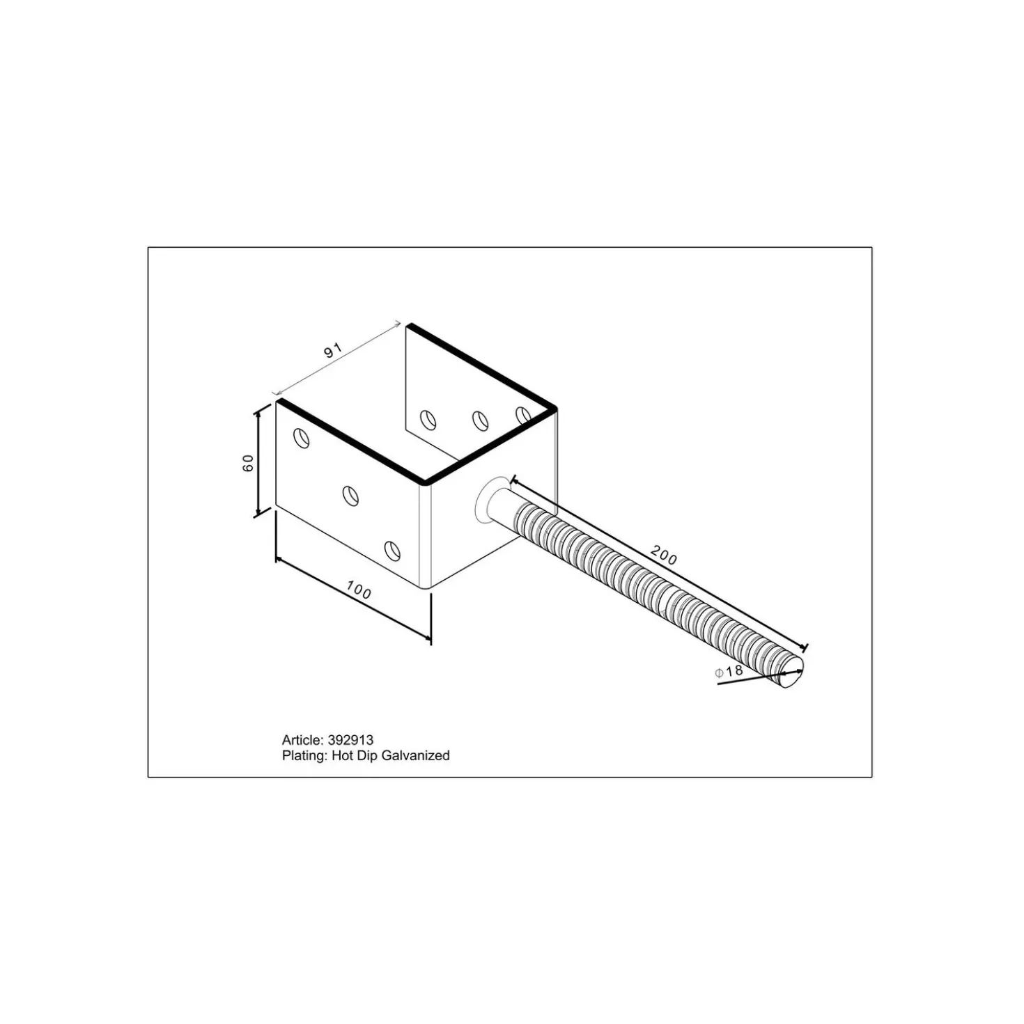 Supporto per palo a U da incementare con barra scanalata L 91 mm