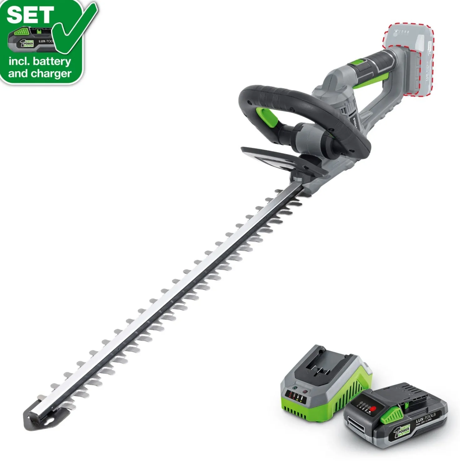 Tagliasiepi batteria LUX PowerSystemA-HS-20/52-24 batteria e caricatore 20 V