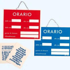 Targa di informazione con catenella "Orario di lavoro" 15 x 11 cm blu