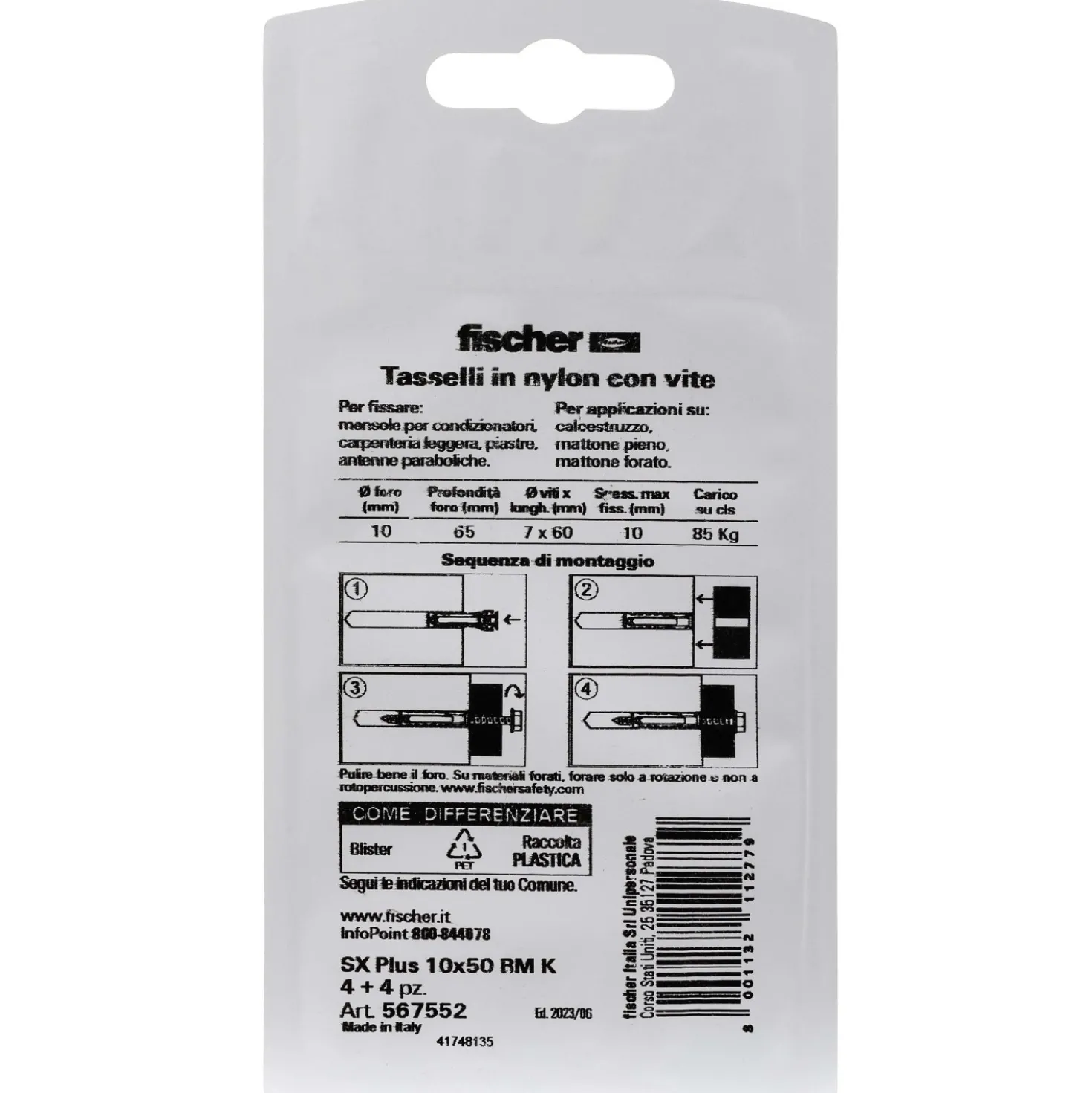 Tassello a espansione in nylon Fischer SX Ø 10 mm 2 pz