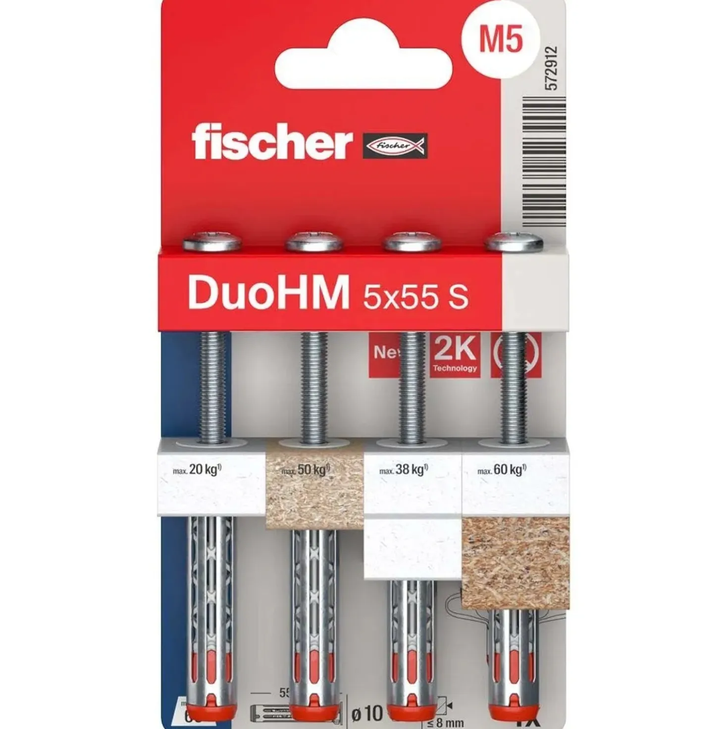 Tassello Fischer DuoHM 5x55 con vite foro Ø10 mm 4 pz confezione