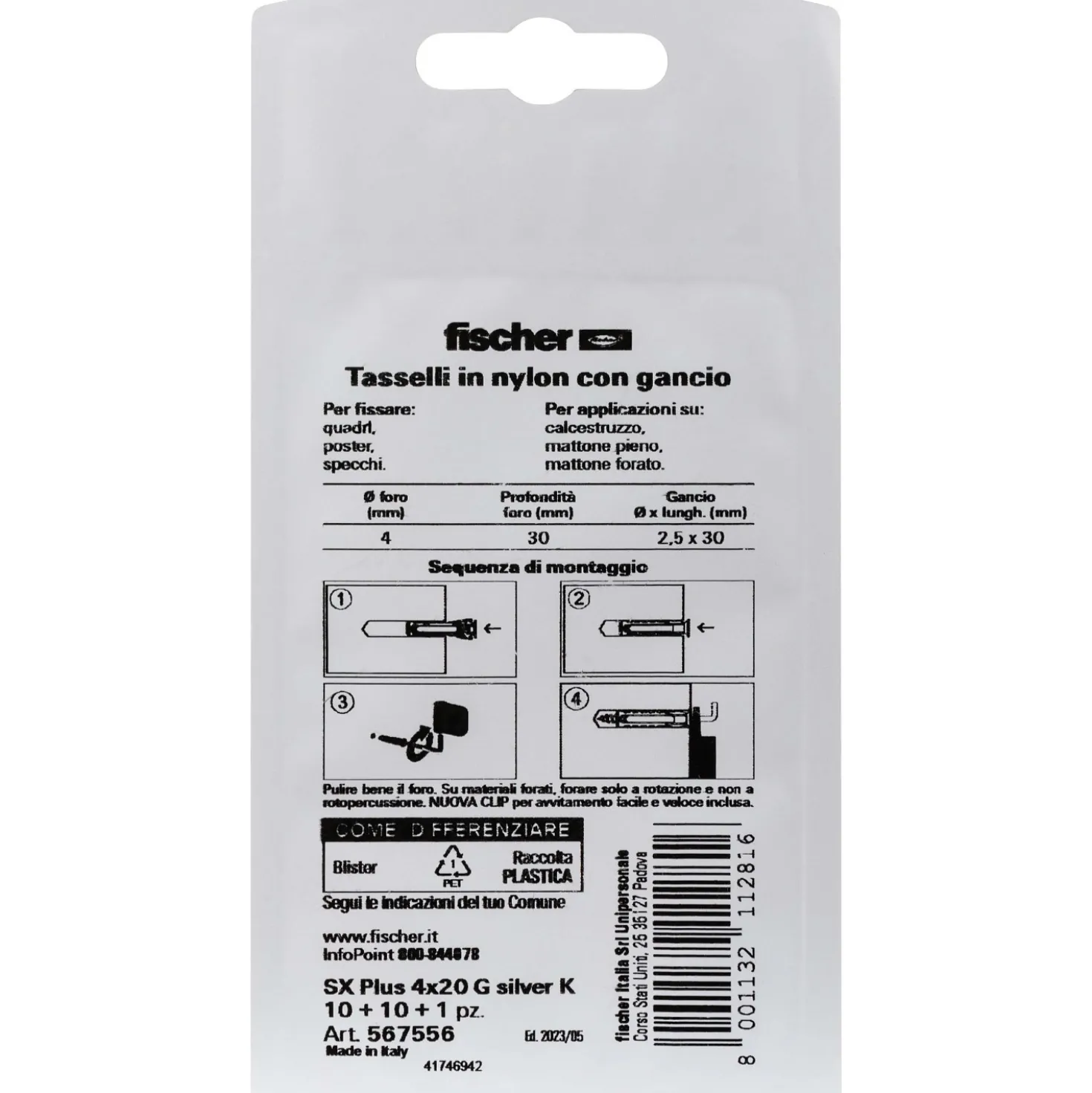 Tassello universale in nylon Fischer SX Ø 4 mm 10 pz