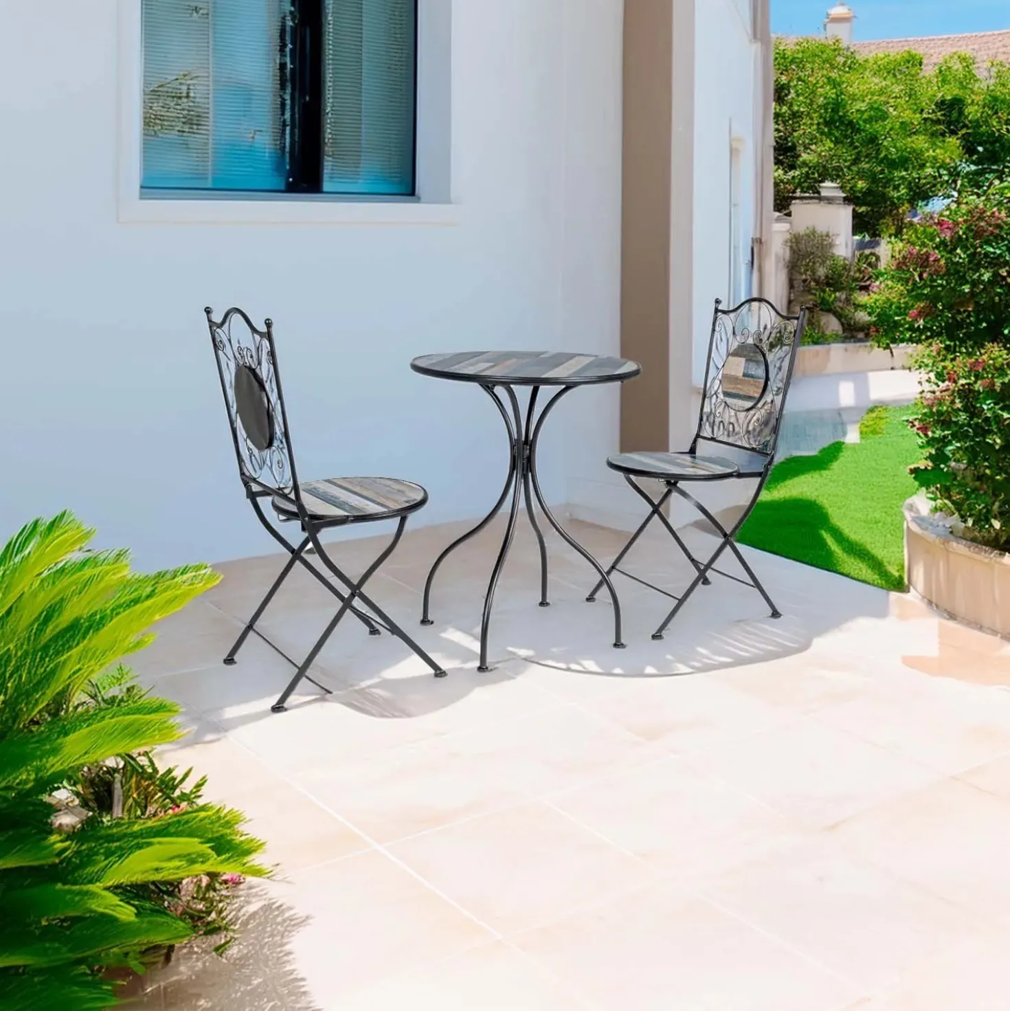Tavolino e sedie da giardino set Huston in acciaio 2 posti