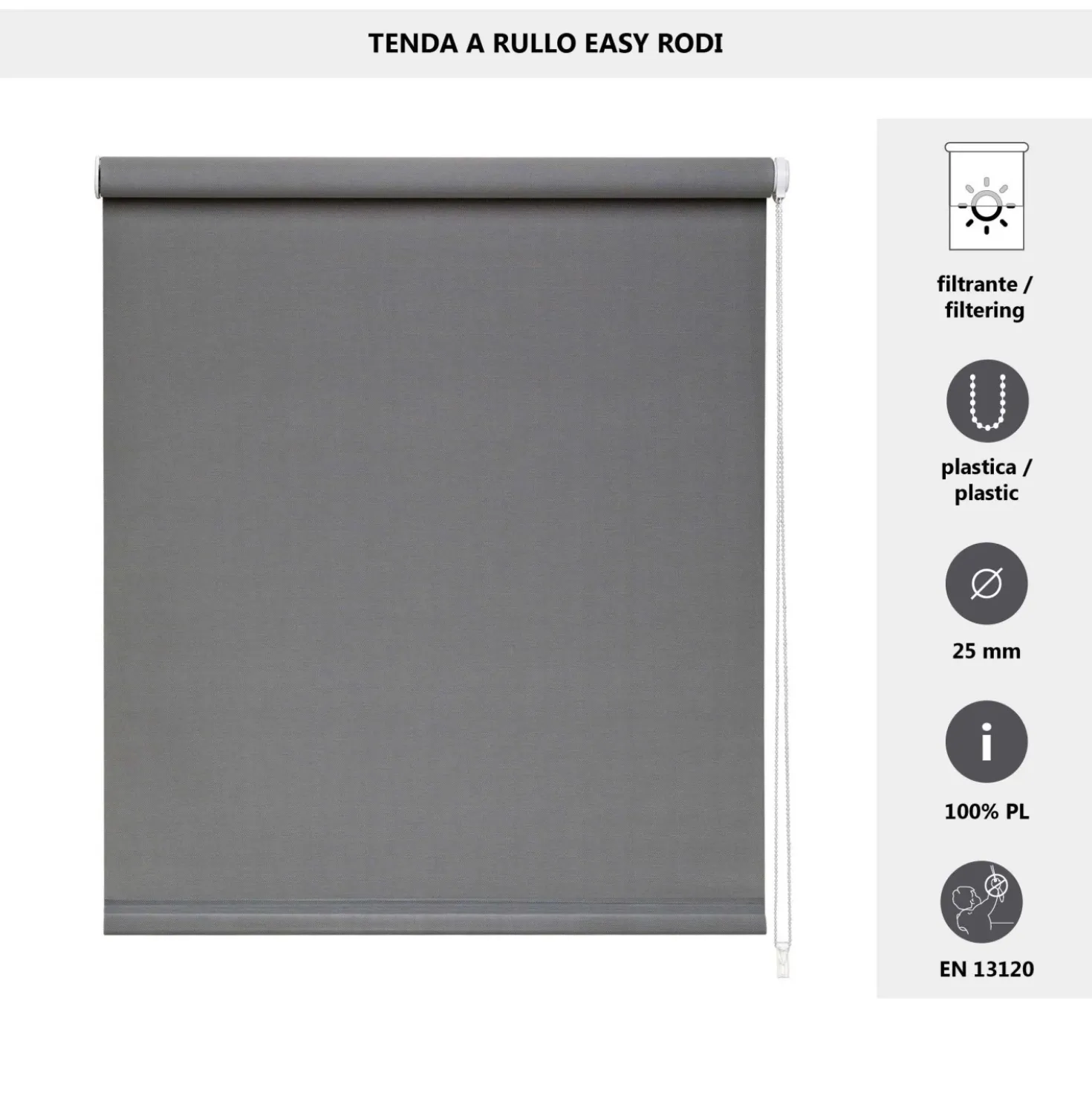 Tenda a rullo semifiltrante Rodi L 120 x H 252 cm grigio scuro