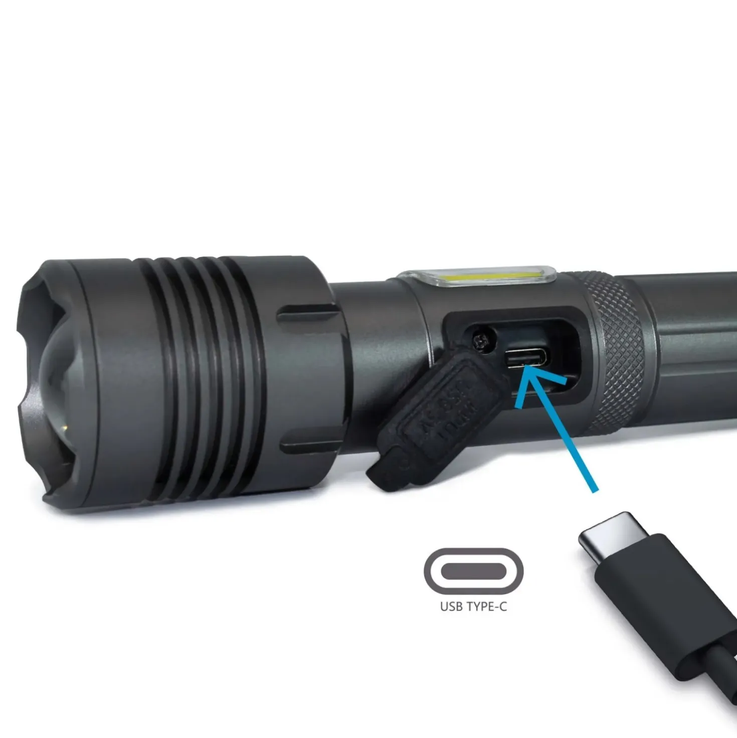 Torcia LED ricaricabile USB C 1200 lm con zoom in Alluminio Aeronautico