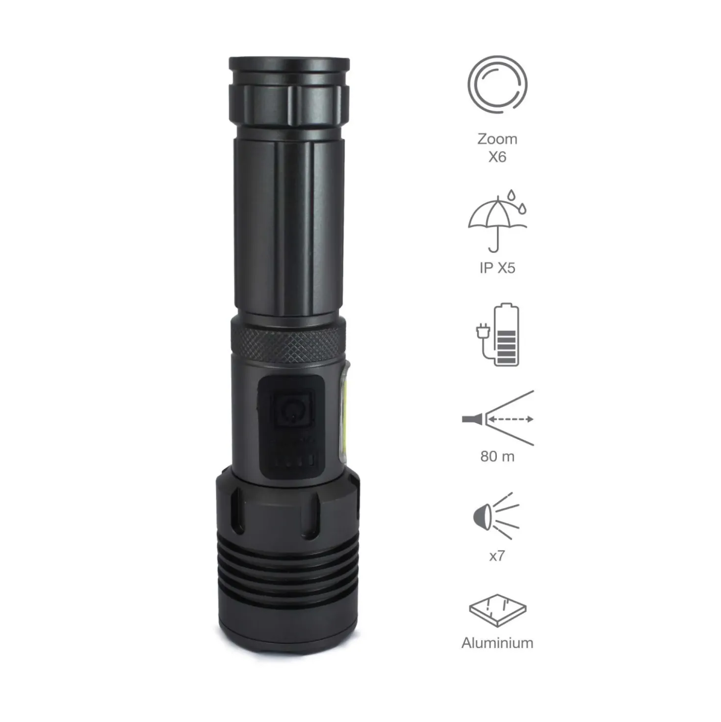 Torcia LED ricaricabile USB C 1200 lm con zoom in Alluminio Aeronautico
