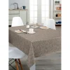 Tovaglia in pvc cerato goffrato con fondo beige e foglie bianche al metro