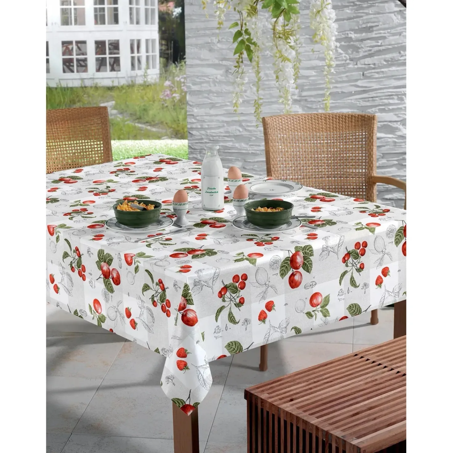 Tovaglia in pvc cerato goffrato fondo bianco grigio e tema giardino al metro