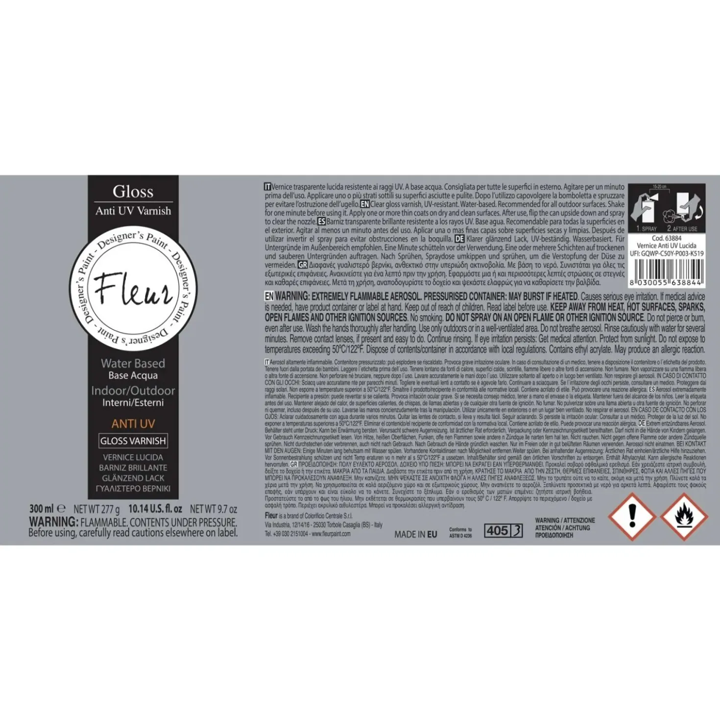 Vernice all`acqua spray Fleur V01 trasparente lucida UV 300 ml